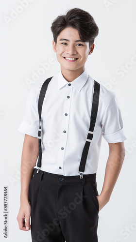 Handsome Young Male Student in White Shirt and Suspenders, Ready for Back to School with Confident Smile and Professional Attire. photo