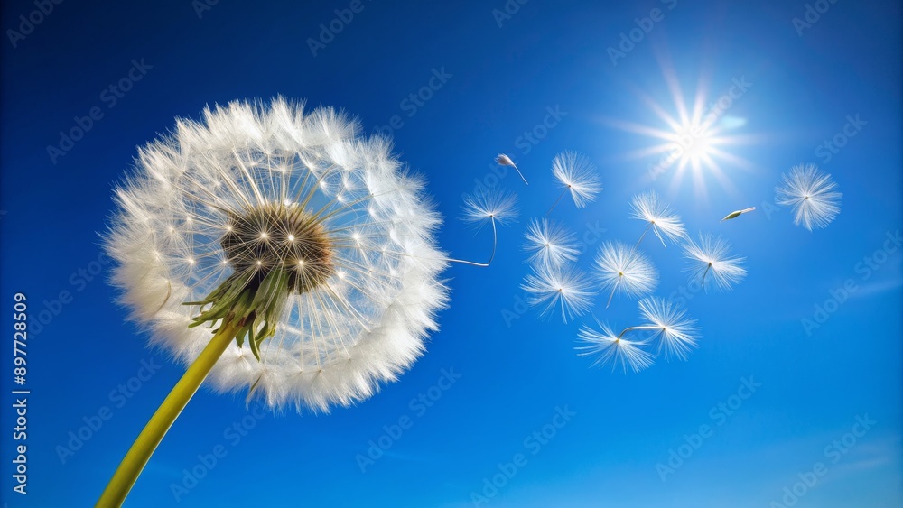 Dandelion Seeds Floating in Blue Sky with Sun, dandelion , seeds , sky , nature Dandelion Seeds Floating in Blue Sky with Sun, dandelion , seeds , sky , nature