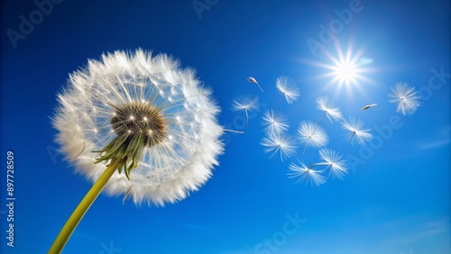 Dandelion Seeds Floating in Blue Sky with Sun, dandelion , seeds , sky , nature © BrilliantPixels