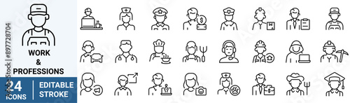 Work and Professions web line icons set. Human characters, avatars. Cook, doctor, policeman, nurse, fireman, worker. Editable stroke.
