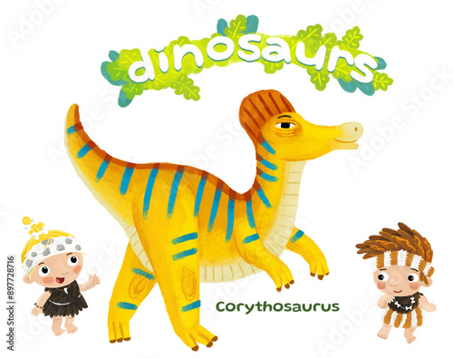 caveman human cartoon happy and funny colorful prehistoric dinosaur dino cerythosaurus isolated illustration with child pointing on animal photo