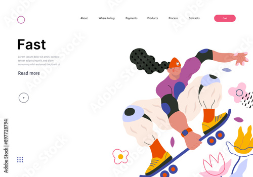 Life Unframed: Skateboarder -modern flat vector concept illustration of skater jumping above flowers. Metaphor of unpredictability, imagination, whimsy, cycle of existence, play, growth and discovery