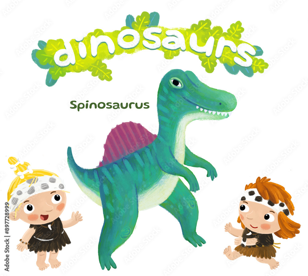 Naklejka premium caveman human cartoon happy and funny colorful prehistoric dinosaur dino spinosaurus isolated illustration with child pointing on animal