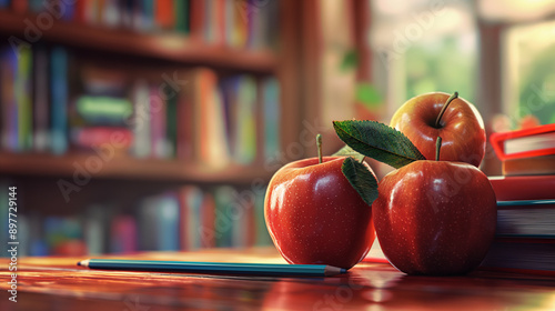 Apples and Colorful Pencils on Books with Bokeh Background, Back to School Theme with Fresh Fruit and Learning Supplies Outdoors. photo