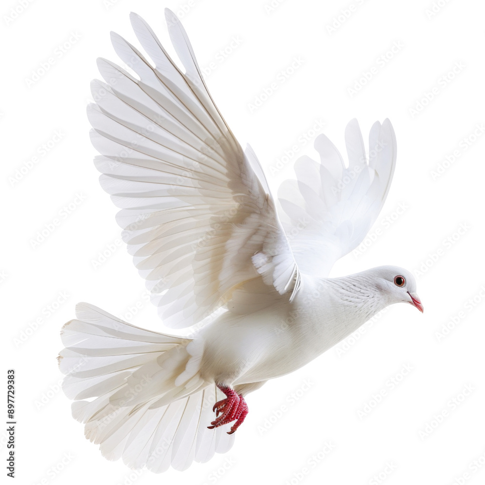 A beautiful white dove in flight with outstretched wings isolated on a white background. Symbol of peace and purity. A beautiful white dove in flight with outstretched wings isolated on a white background. Symbol of peace and purity.