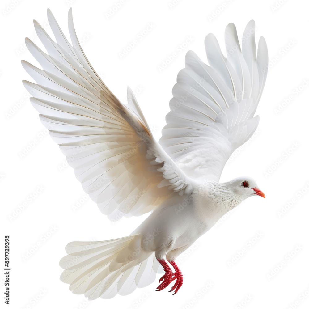 A beautiful white dove in flight with outstretched wings isolated on a white background. Symbol of peace and purity. A beautiful white dove in flight with outstretched wings isolated on a white background. Symbol of peace and purity.