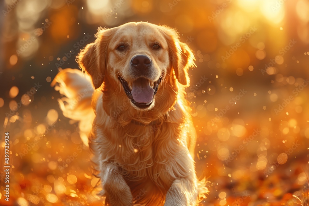 Golden Retriever Running Through Autumn Leaves at Sunset Golden Retriever Running Through Autumn Leaves at Sunset