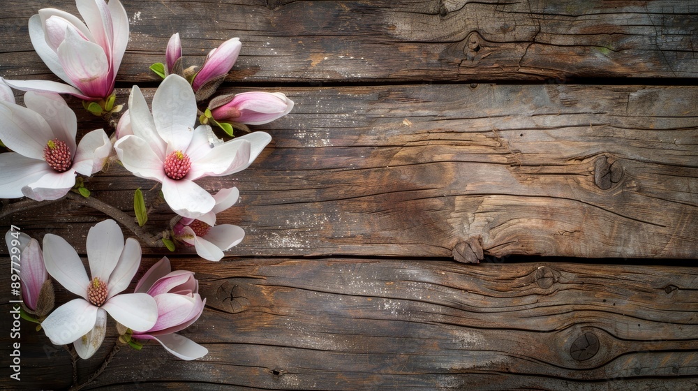 Magnolia Blooms on Weathered Wooden Background with Text Space Magnolia Blooms on Weathered Wooden Background with Text Space