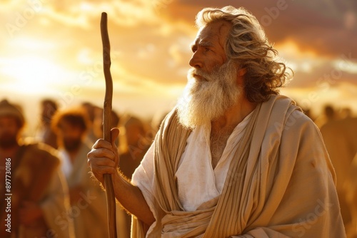 Moses, with his staff in hand, leads a group of people through the desert as the sun sets. photo