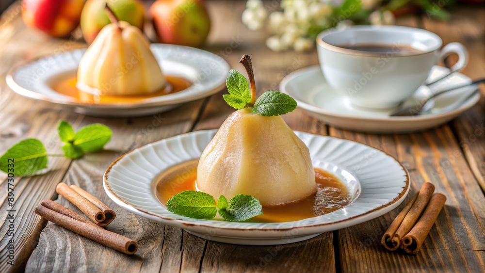 Poached Pear with Cinnamon and Mint on White Plate, close-up, food photography, dessert, autumn , pear, cinnamon Poached Pear with Cinnamon and Mint on White Plate, close-up, food photography, dessert, autumn , pear, cinnamon