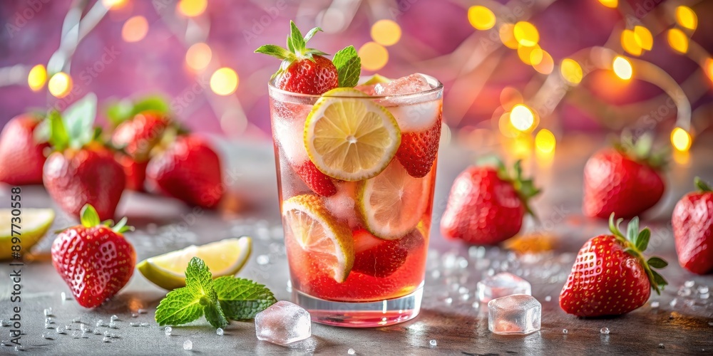 Refreshing Strawberry Lemonade with Mint in Glass, Summer Drink, Beverage, Cocktail, Fruit Refreshing Strawberry Lemonade with Mint in Glass, Summer Drink, Beverage, Cocktail, Fruit