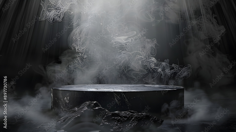 Podium black rock dark smoke background product shot. High quality photo