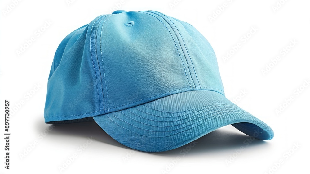 vibrant cyan baseball cap with a curved brim is lying on a crisp white surface, ready for a day of adventure. vibrant cyan baseball cap with a curved brim is lying on a crisp white surface, ready for a day of adventure.