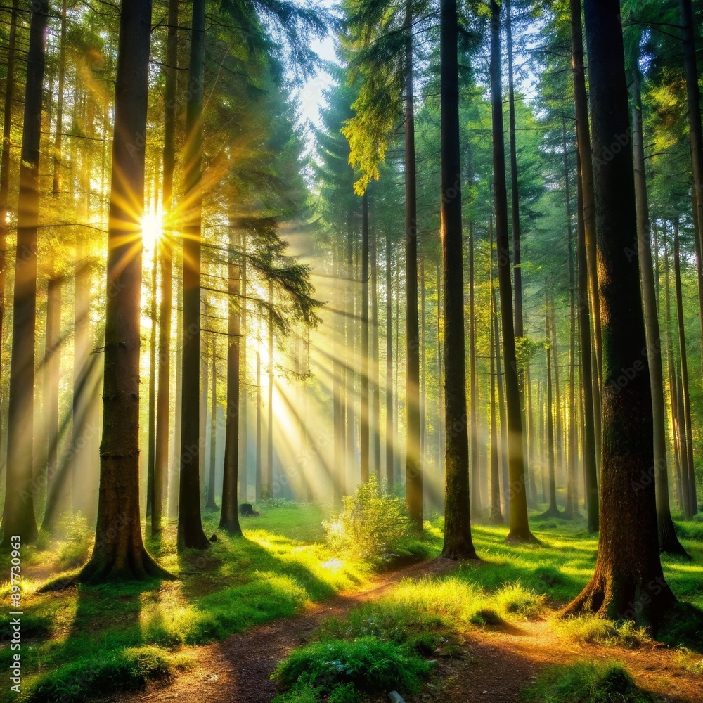 Fototapeta premium Sunrays Filtering Through Forest Canopy, Photography, Nature, Golden Sunlight, Lush Green, forest, light