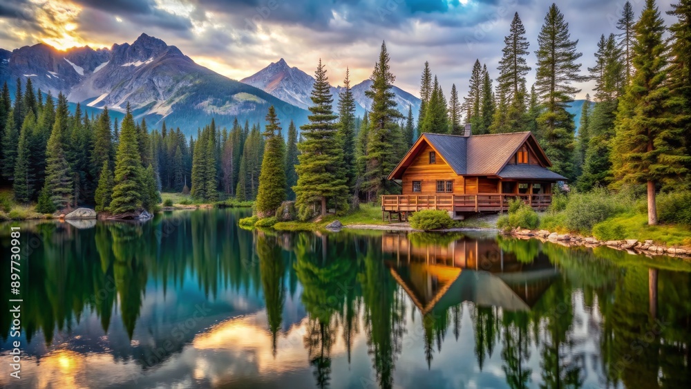 Fototapeta premium Sunset Reflection of a Cabin in the Mountains, cabin , reflection , mountain , nature