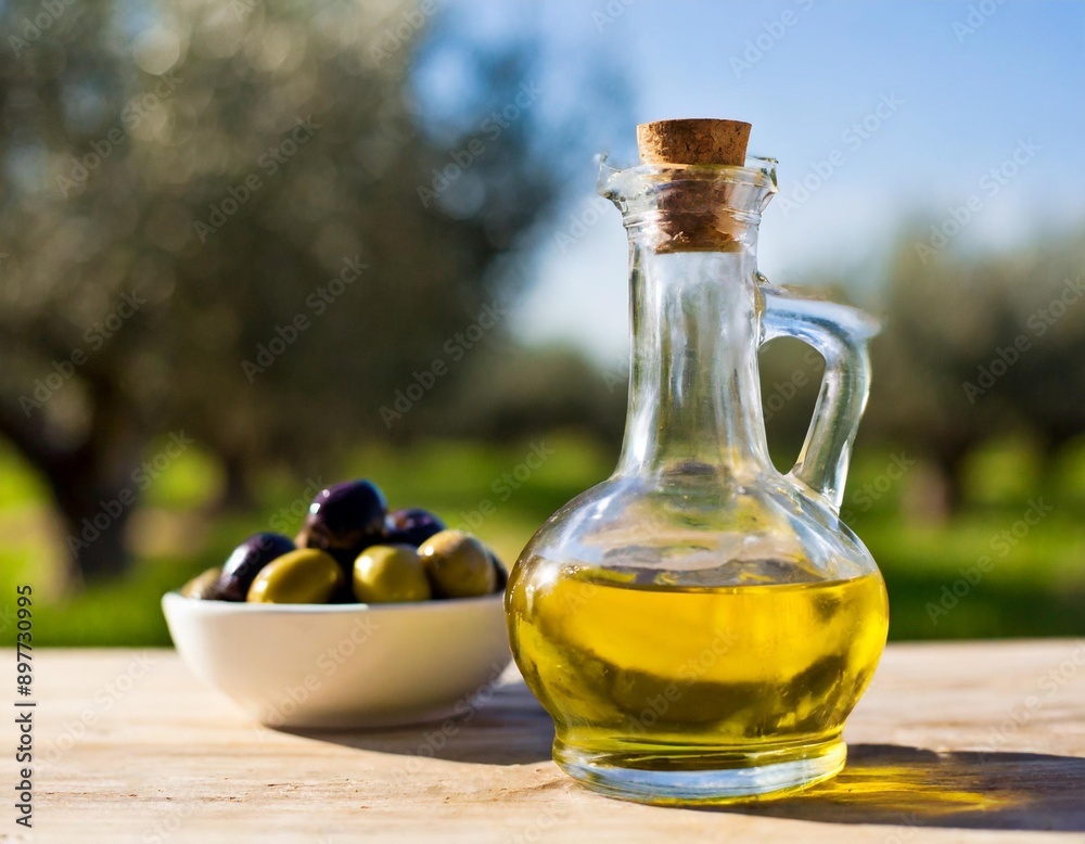Olives and olive oil in a bottle. Olives and olive oil in a bottle on the background of the evening olive grove. Olives and olive oil in a bottle. Olives and olive oil in a bottle on the background of the evening olive grove.