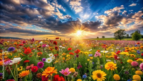 Sunbeams Kissing a Field of Flowers, Landscape, Nature, Sunrise, Spring