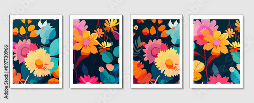 set of abstract vector backgrounds featuring tropical leaves. Hand-drawn textures suitable for wall decoration, postcard designs, or brochure covers.