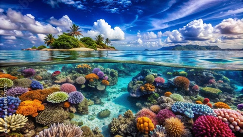 Fototapeta Naklejka Na Ścianę i Meble -  Tropical Island Paradise with Underwater Coral Reef, split-level composition, tropical island with palm trees, vibrant coral reef, underwater, blue sky, white clouds