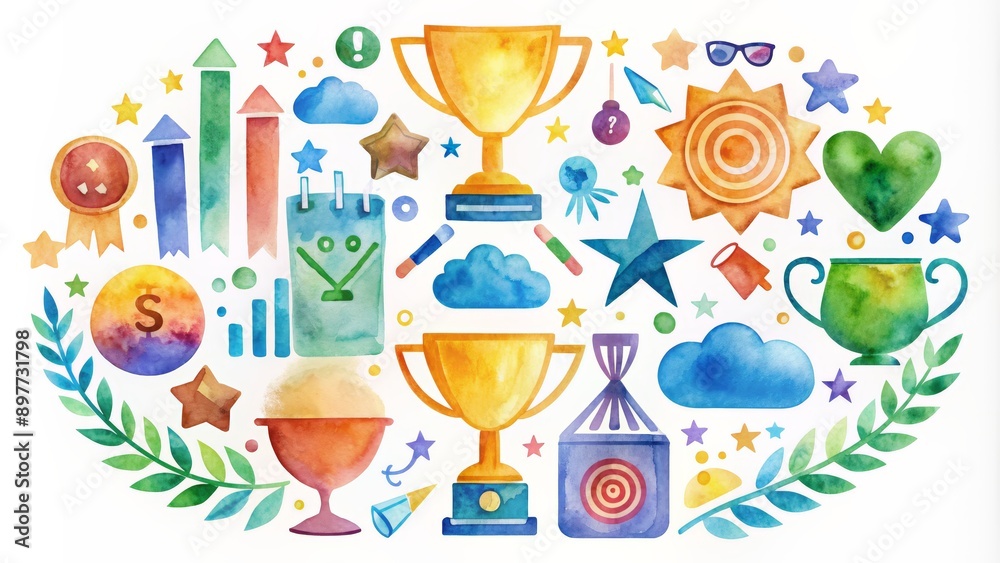 Fototapeta premium Watercolor Composition of Achievement Trophies and Stars, Watercolor, Illustration, Award, Success