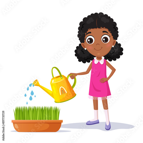 Cute cartoon girl character watering the plant.
