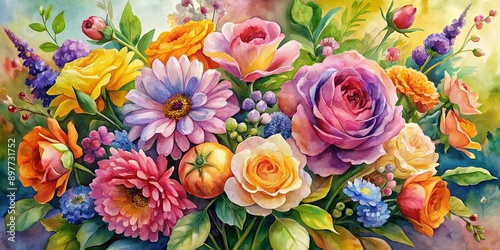 Watercolor Bouquet of Vibrant Roses, Gerbera Daisies, and Other Flowers, watercolor, vibrant colors, flowers, bouquet