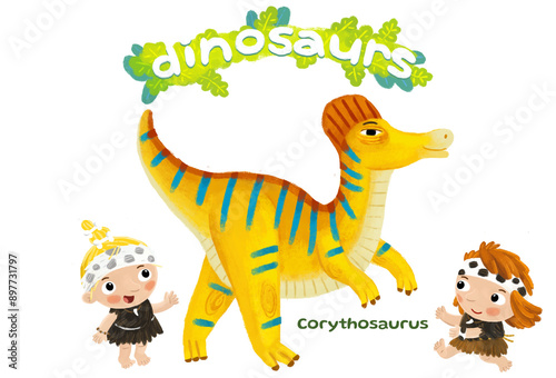 caveman human cartoon happy and funny colorful prehistoric dinosaur dino cerythosaurus isolated illustration with child pointing on animal photo