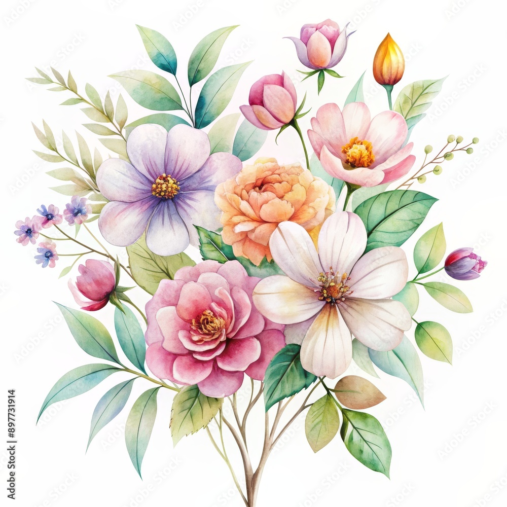 Fototapeta premium Watercolor Floral Bouquet - Pastel Roses, Peonies, and Leaves, watercolor painting, flower bouquet, floral art, botanical art