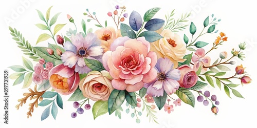 Watercolor Floral Bouquet - Roses, Anemones, and Delicate Greenery, watercolor, floral, bouquet, greenery