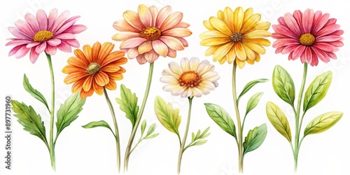 Watercolor Floral Bouquet Vibrant Gerbera Daisies with Green Leaves, flower, daisy, watercolor, bouquet © BrilliantPixels