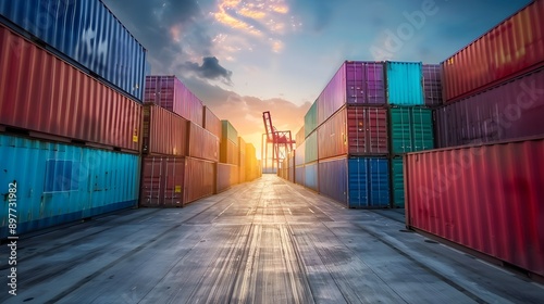 Wallpaper Mural Containers Yard Cargo Shipping Import Export in Harbor Port Logistics Industry.International Products Distribution Center Transport Freight Business Background. Torontodigital.ca