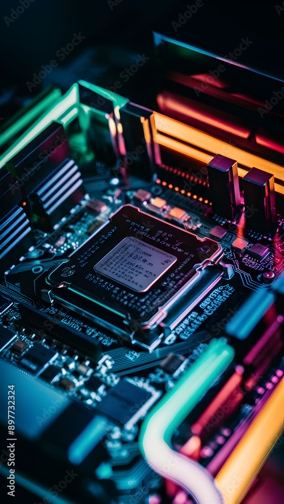 A close-up of an electronic circuit board with a processor, highlighting the components like the CPU and various connections A close-up of an electronic circuit board with a processor, highlighting the components like the CPU and various connections