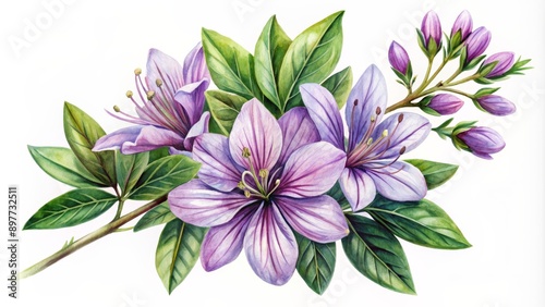 Watercolor Illustration of Purple Flowers with Green Leaves, Watercolor Painting, Floral Illustration, Botanical Art, Flower Art