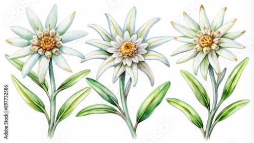 Watercolor Illustration of Three Edelweiss Flowers, watercolor , flower , edelweiss , alpine , botanical © BrilliantPixels