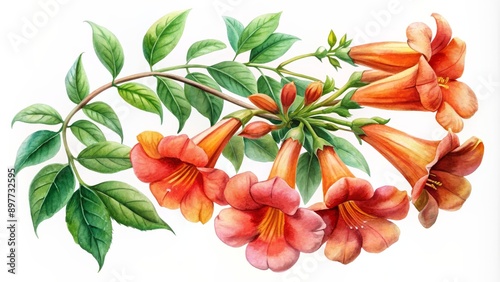 Fototapeta Naklejka Na Ścianę i Meble -  Watercolor Illustration of Trumpet Vine Flowers and Leaves, vine, trumpet flower, botanical art, watercolor painting