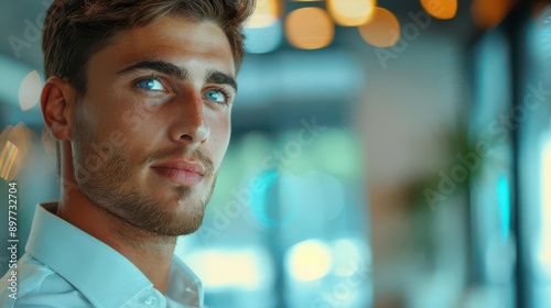 A businessman showing envy, glancing sideways at a colleague in a sleek office with a blank background, closeup shot, high contrast lighting