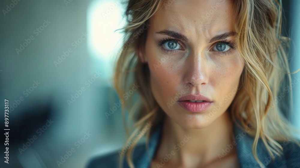 A businesswoman in envy, looking resentful while another colleague receives praise in a modern office with a blank background, closeup shot, sharp focus A businesswoman in envy, looking resentful while another colleague receives praise in a modern office with a blank background, closeup shot, sharp focus