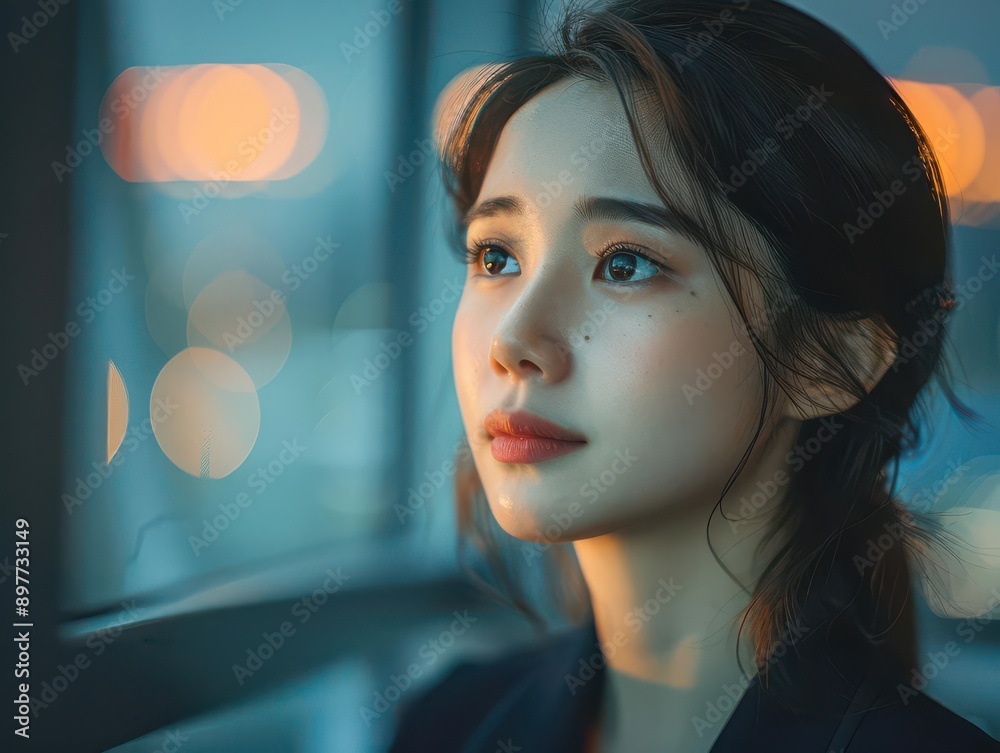 A businesswoman in foreboding, staring out the window in a modern office with a blank background, closeup shot, dim lighting A businesswoman in foreboding, staring out the window in a modern office with a blank background, closeup shot, dim lighting
