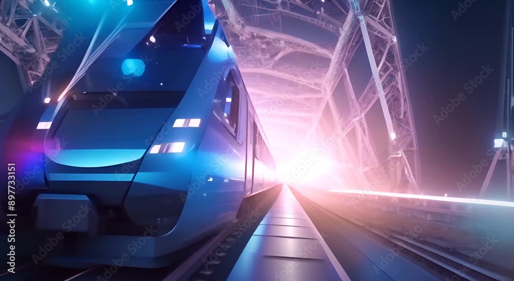 Abstract polygonal wireframe modern train on the railway blue glowing lines and dots connection structure with motion effect for transportation technology concept backgroud 4k animation