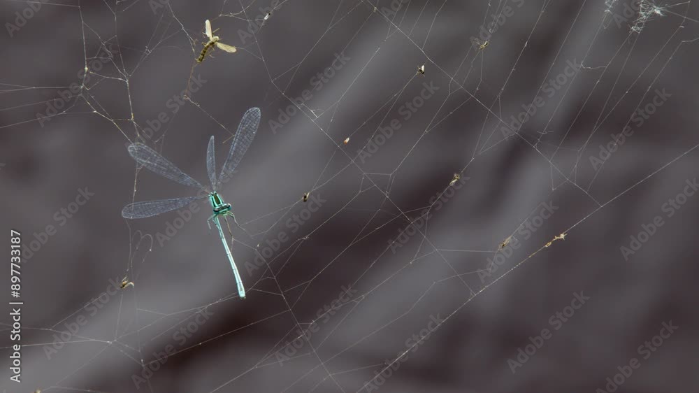To be stuck in a web or spider's web. Powerless dragonfly prey caught ...
