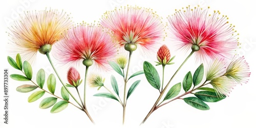 Watercolor Painting of Pink and Yellow Flowers with Green Leaves, Watercolor Painting , Flower Art , Botanical Illustration , Floral Art