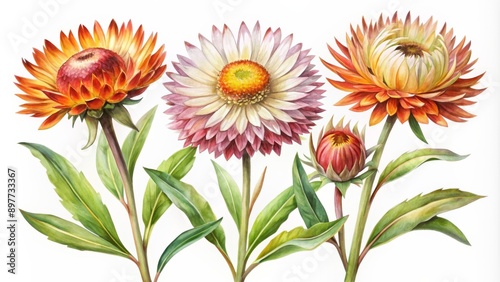 Watercolor Painting of Strawflowers, Botanical Illustration, Floral Art, Flower Arrangement, Watercolor Flowers, Strawflower, Everlasting Flower © BrilliantPixels