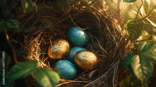 Colorful Easter eggs in a bird's nest surrounded by green leaves, close-up view. Spring and Easter holiday concept © cac_tus
