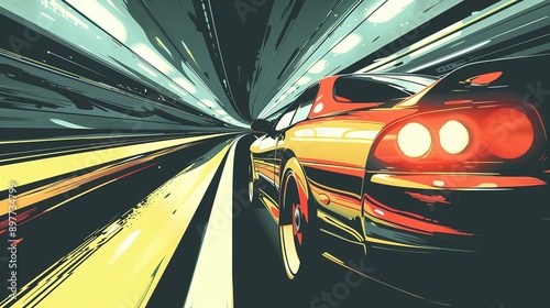 Car driving fast in tunnel.