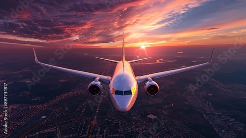 Modern passenger airplane flight in sunset panorama.