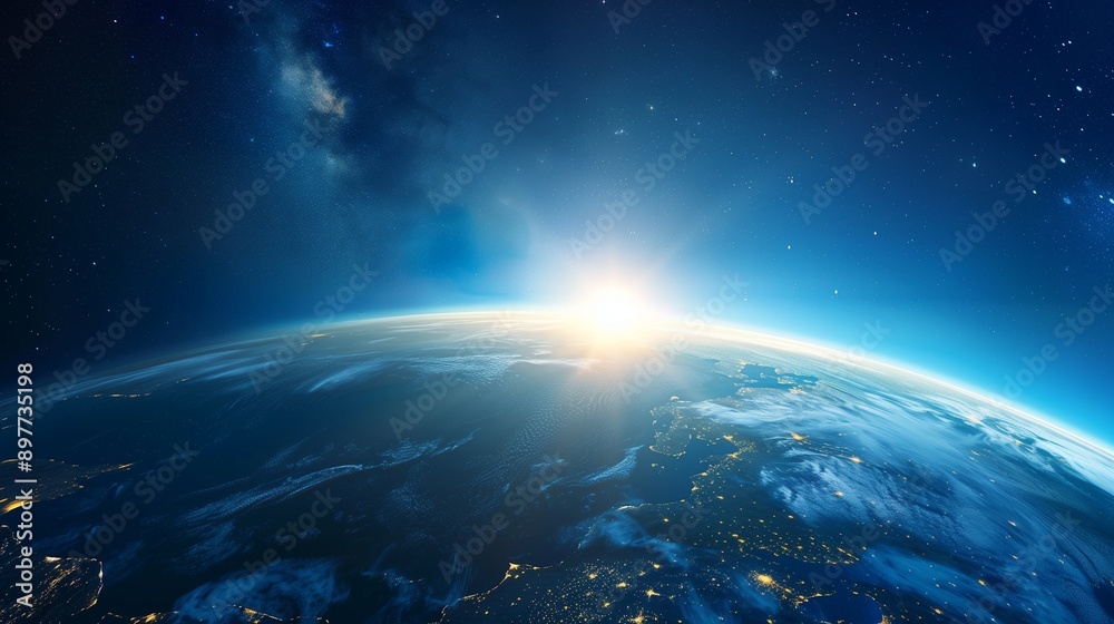 Blue sunrise view of earth from space. Blue sunrise view of earth from space.