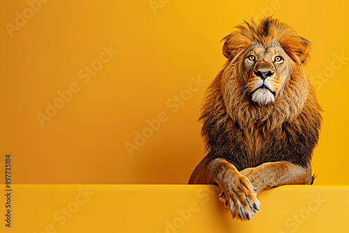 A lion sits against a yellow background, advertising banner design for a film, carnival or zoo photo