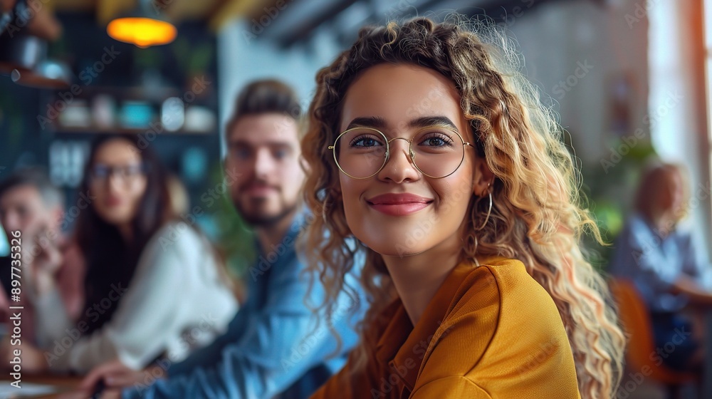 Confident and Composed: A young woman with curly hair and glasses radiates confidence as she looks directly at the camera. Her warm smile suggests a friendly and approachable personality. In the back Confident and Composed: A young woman with curly hair and glasses radiates confidence as she looks directly at the camera. Her warm smile suggests a friendly and approachable personality. In the back
