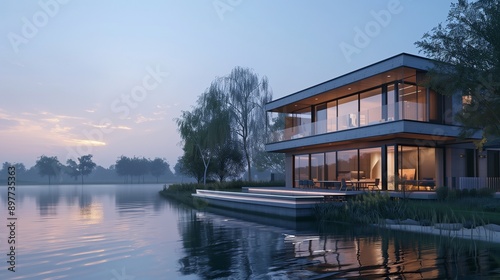3d rendering of modern house by the river at evening.