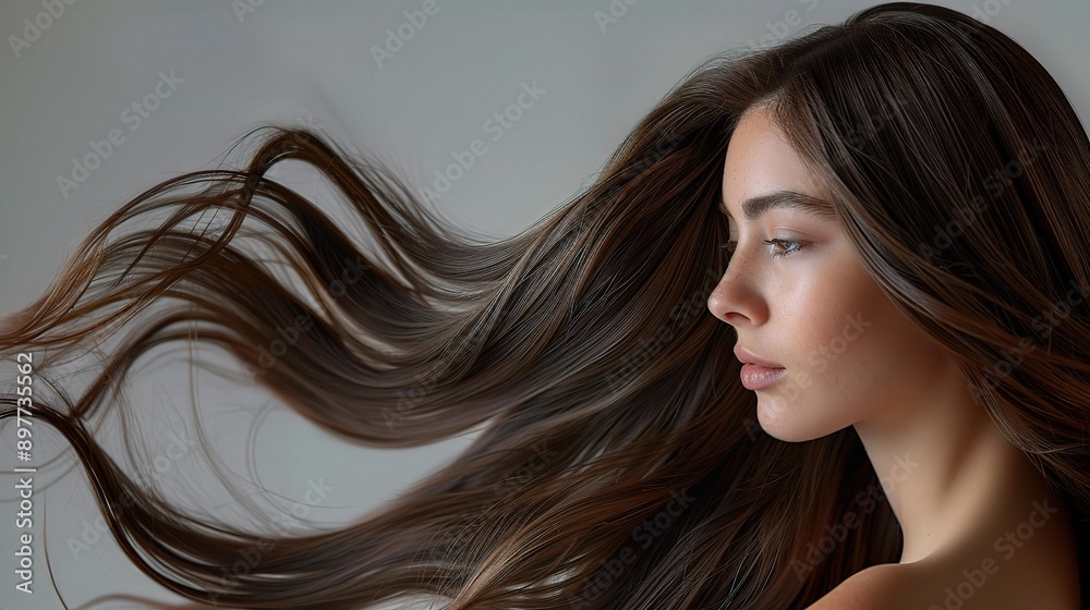 Fototapeta premium Effortless Beauty: Long, flowing, brown hair cascades down a woman's back in a captivating profile shot, capturing the essence of natural elegance and graceful movement. 